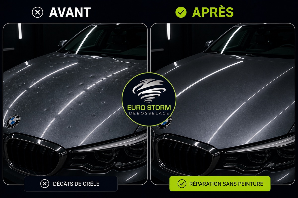 Avant : capot d'une voiture criblé d'impacts de grêle. Après : carrosserie restaurée à son état d'origine grâce au débosselage sans peinture Euro Storm.